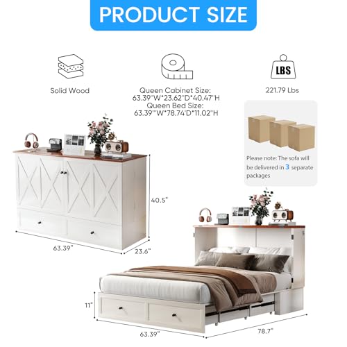 PUREMIND Murphy Bed Queen with Mattress Included, Hideaway Cabinet Bed Frame with Storage Drawers, USB Charging Ports - Space Saving Chest beds for Guest Room PUREMIND