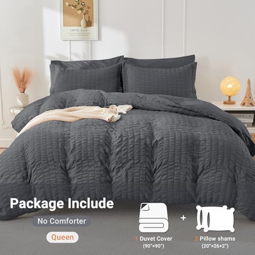 HYMOKEGE Dark Grey Duvet Cover Queen Size, Ultra Soft 3-Piece Seersucker Duvet Cover Set with Zipper Closure, Soft Brushed Microfiber Bedding Set with 8 Corner Ties (90"x90", 2 Pillowshams) HYMOKEGE