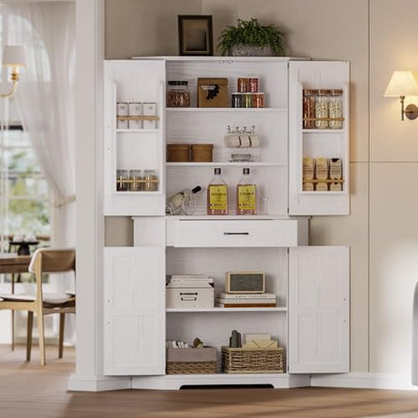 IRONCK Corner Cabinet with Drawer, 72" Kitchen Pantry Cabinet, 5-Tier Farmhouse Pantry with 3 Adjustable Shelves, 2 Doors Storage, Spacious Hutch for Kitchen, Living Room, White IRONCK