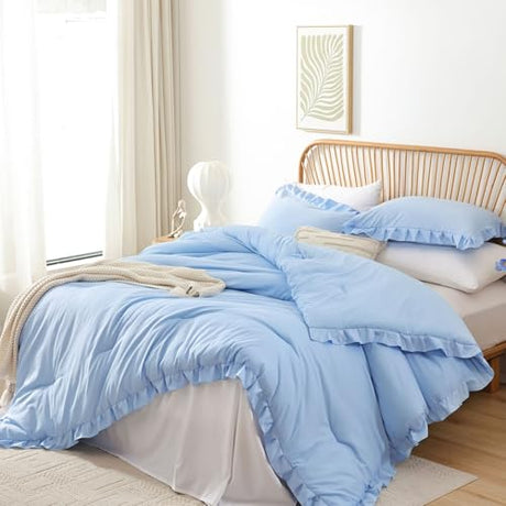 JANZAA Ruffle Light Blue Comforter Set Full Size Comforter 3PCS 1 Emerald Comforter and 2 Pillowcases Vintage Farmhouse Shabby Chic Bedding Soft Fluffy Comforter Set All Season (Light Blue, Full) JANZAA