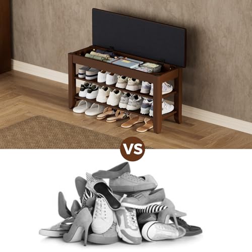 Homleke Shoe Rack Bench with Flip-Top Storage, Solid Wood Entryway Bench with Cushion, Adjustable Shelf, for Hallway, Mudroom, Closet – Walnut, 31.5" Homleke