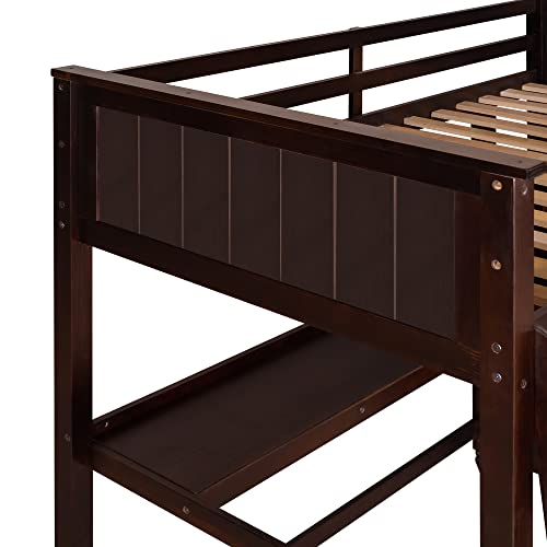 Twin Size Loft Bed with Desk and Drawers, Solid Wood Loft Bed with Storage Shelves for Kids Teens Adults - Espresso - WoodArtSupply