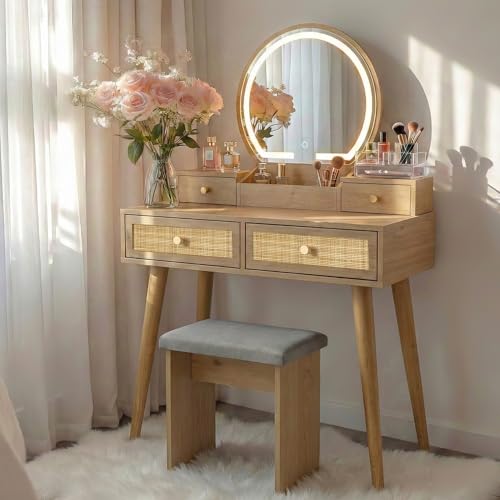 Brafab Small Vanity Desk with Stool for Bedroom, Boho Rattan Compact Makeup Vanity Table with 3 Modes Adjustable LED Mirror, 31" Space Saving Dressing Table Vanity Set, Natural Wood Brafab