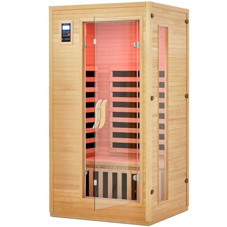 Garvee 2024 Upgrade 1 to 2 Person Sauna, 6 Heating Plate Infrared Physical Therapy Wooden Dry Steam Sauna, Low EMF, MP3 Auxiliary Connection, Dual Controls Inside and Outside Fits, Home Spa Day Use Garvee