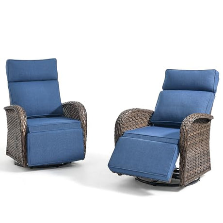 Jelwaly Zero Gravity Patio Swivel Recliner Chairs Set of 2 - Wicker Outdoor Lounge Chair with Adjustable Backrest & Footrest, All Weather Reclining Rocker Chairs with Thick Cushion for Pool Deck Blue Jelwaly