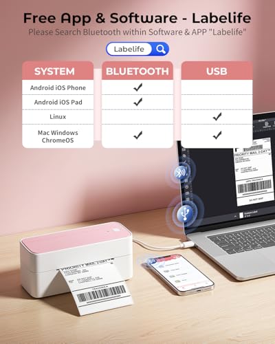 Phomemo Bluetooth Thermal Label Printer, 241BT 4X6 Wireless Shipping Label Printer for Small Business, Pink Labels Printers for Shipping Package, Compatible with iPhone, Android, Shopify, Amazon, USPS Phomemo
