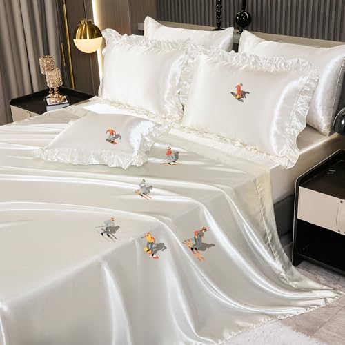 Silk Like Satin Comforter Set with Sheet Set Queen 8 Pcs White Satin Bedding Set Silky Ruffle Pattern Home Deocr Luxury Hotel Silky Bed in a Bag with 1 Cushion Cover Bedding_Dreamer