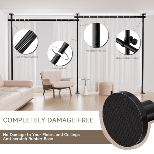 Room Divider for Room Separation，No Drilling Curtain Rod Wall Divider Metal Rod, 4-10ft(H) 28-140inch(W) Adjustable, Heavy Duty Partition Space Separator Freestanding Tension Curtain Stand (Black) Toyear