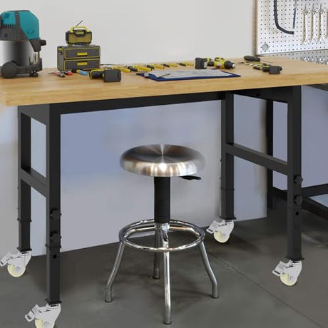 60'' Adjustable Workbench, Solid Wood Work Bench Table with Wheels and Power Outlet, Rolling Workbench Large Load Capacity Garage Workbench for Workshop,Office,Home climblocka