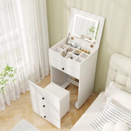 CHARMAID Small Vanity Desk Set, Makeup Vanity Table with Flip-up Lighted Mirror, Storage Bench, 2 Drawers, 8 Wheels, White Girls Dressing Table Nightstand for Small Space Bedroom CHARMAID