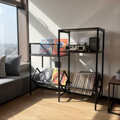 JinMing Vinyl Record Player Stand, Heavy-Duty Audio Cabinet for Records, Turntable, Receiver, Speakers, Wood Media Console for Living Room, Retro Industrial Style