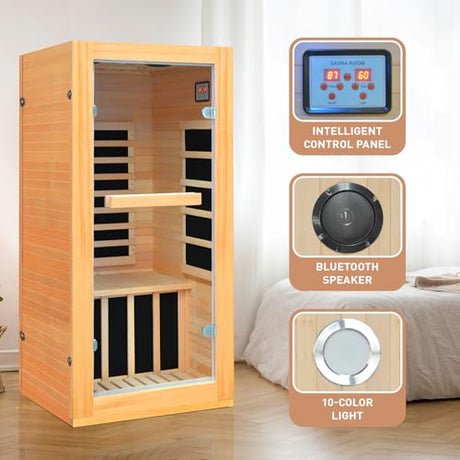 Lamar Far Infrared Sauna with Red Light, Low EMF Home Sauna Room, 10-Color Light, Bluetooth Speakers, Digital Control Panel - Personal Indoor Luxury Spa for House and Gym Lamar