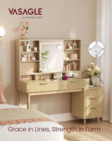 VASAGLE MAXE Collection - Vanity Desk with Sliding Mirror and Lights, Mid Century Modern Fluted Makeup Vanity with 10x Magnifying Mirror, Charging Station, Jewelry Storage, Oak Beige URDT139YC01S VASAGLE