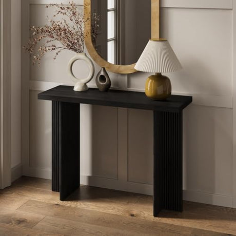 Fluted Console Table - Small Entry Desk for Narrow Spaces - Modern, Mid-Century Home Decor - Living Room Furniture - Solid Wood Entryway Table - Fluted Cross Bass and Rectangular Top (Black) Stead