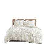 Intelligent Design Malea Shaggy Duvet with Quilted Box Design, Long Faux Fur Comforter Cover Cozy Bedding Set, Matching Shams, (Insert Not Included) Full/Queen, Ivory 3 Piece, 90x90 Intelligent Design