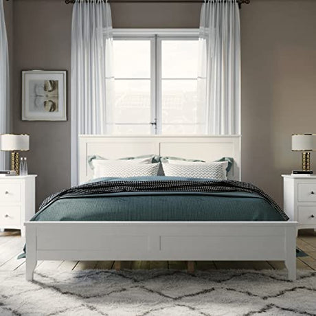 LZ LEISURE ZONE White Queen Size Platform Bed Frame - Modern Solid Wood Design LZ LEISURE ZONE