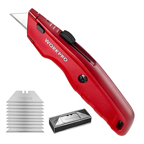 WORKPRO Premium Utility Knife, Retractable All Metal Heavy Duty Box Cutter, Quick Change Blade Razor Knife, with 10 Extra Blades - WoodArtSupply