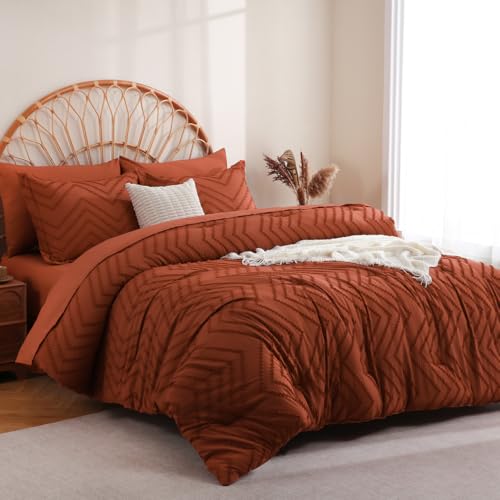 Sheet&Joy Twin Comforter Set with Sheets Burnt Orange - 5 Pieces Boho Tufted Shabby Chic Bed in a Bag, Fluffy Soft Farmhouse Bed Set for All Seasons Sheet&Joy