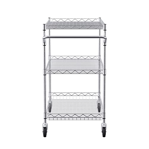 VEVOR Kitchen Utility Cart, 3 Tiers, Wire Rolling Cart with 661 LBS Capacity, Steel Service Cart on Wheels, Metal Storage Trolley with 80 mm Deep Basket Curved Handle 6 Hooks, NSF Listed VEVOR