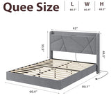 GarveeHome Queen Floating Bed Frame with LED Lights & Charging Station, Upholstered Platform Beds with Storage Headboard & Folding Shelves Storage, Metal Slats Support, No Box Spring Needed, Grey GarveeHome