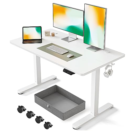 FEZIBO 48 x 24 Inches Standing Desk with Drawer, Adjustable Height Electric Stand up Desk with Storage, Sit Stand Home Office Desk, Ergonomic Computer Desk, White - WoodArtSupply