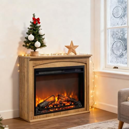 Innoflame 28" Electric Fireplace with Mantel, Freestanding Electric Fireplace w/Realistic Flame & Logs, Remote Control, Timer, Adjustable 4 Flame Brightness, Indoor Fireplace for Living Room, 1400W Innoflame