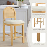 Rattan Counter Height Bar Stools Set of 2, Upholstered Farmhouse Barstools with Natural Rattan Back, Wooden Legs for Kitchen Island, Natural/Linen KISLOT
