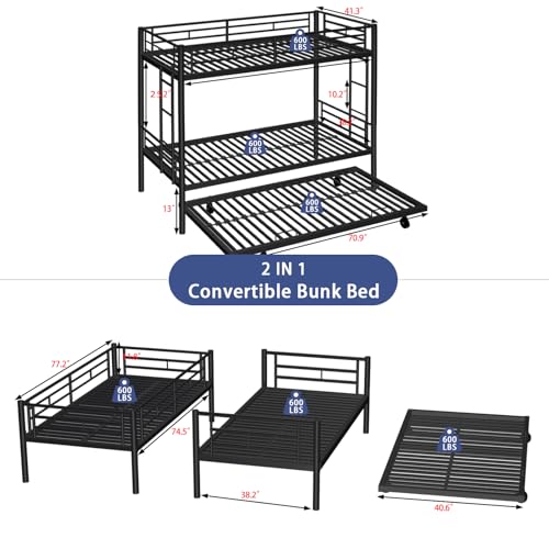 ArisingAsia Twin Over Twin Triple Bunk Beds with Trundle, Metal Bunkbeds with Ladder and Full-Length Guardrail, Noise Free, No Box Spring Needed ArisingAsia