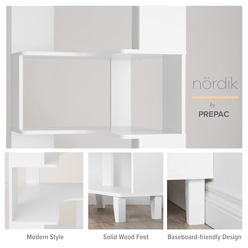 Prepac Nordik 6-Tier White Modern Mid Century Corner Bookcase, 71.5" Extra Tall White Corner Shelf with Storage, Multifunctional Freestanding Bookshelf for Home Office, Living Room, Bedroom Prepac