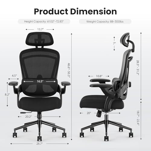 Sweetcrispy Office Chair Ergonomic Desk Chair, 300 LBS Home Mesh Office Desk Chairs with Wheels, 2D Headrest, Up&Down Lumbar Support, Swivel High Back Computer Chair with Flip-up Armrests,Dark Black Sweetcrispy