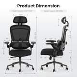 Sweetcrispy Office Chair Ergonomic Desk Chair, 300 LBS Home Mesh Office Desk Chairs with Wheels, 2D Headrest, Up&Down Lumbar Support, Swivel High Back Computer Chair with Flip-up Armrests,Dark Black Sweetcrispy
