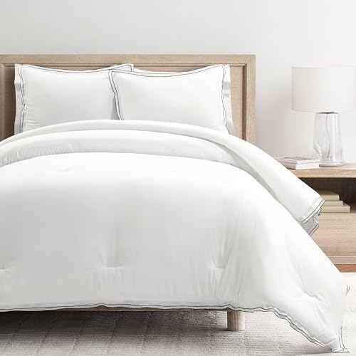 Lush Decor Hampton Double Flange Embroidered Contrast Edge Cotton Comforter Set, 3 Piece Set, King, White & Black - Hotel Bedding Set - Black Trim - White Comforter - Minimalist Decor Lush Decor