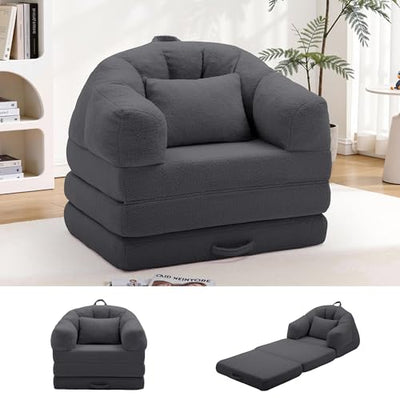 Korser Folding Sofa Bed, Convertible Sleeper Chair with Armrest, Floor Futon Couch with Pillow, Sleeper Single Chair for Adults, Couches for Living Room, Small Couches for Small Spaces,Grey