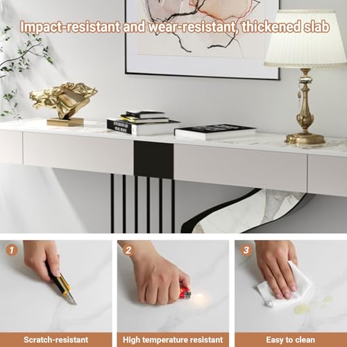 Half Moon Contemporary Console Table Slate Tabletop Black/Gold Luxury EntrywaySofa Table Long Narrow with Two Storage Drawers Creative Carbon Steel Base Decorative(Gold A,140cm/55.1IN) YITAYMLI