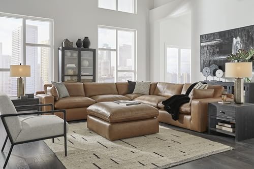 Signature Design by Ashley Emilia Modern Modular Leather Match 5-Piece Sectional with Loose Back Cushions and 2 Bolster Pillows, Light Brown Signature Design by Ashley