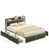 LIKIMIO Queen Bed Frame with 4 Storage Drawers, Platform Bed with Charged Headboard, Sturdy and Stable, No Noise, No Box Spring Needed, Easy to Install, Dark Green LIKIMIO