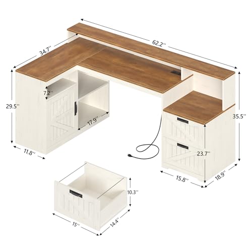 TVU Farmhouse L Shaped Desk with Drawers, 62.2" Home Office Desk with Storage Shelves and Power Outlet, L Shaped Computer Desk with Monitor Stand and Printer Shelf, Brown and White TVU