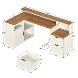 TVU Farmhouse L Shaped Desk with Drawers, 62.2" Home Office Desk with Storage Shelves and Power Outlet, L Shaped Computer Desk with Monitor Stand and Printer Shelf, Brown and White TVU