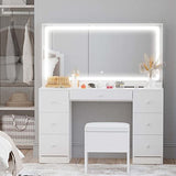 IRONCK Vanity Desk with LED Lighted Mirror & Power Outlet, 7 Drawers Makeup Vanities Table with Stool, for Bedroom, White IRONCK