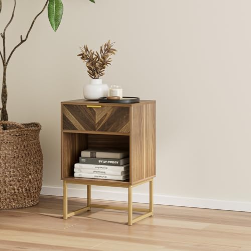 Masupu Nightstand,Modern Night Stand Boho Farmhouse Wood Bedside Table with Storage Drawer Side End Table for Bedroom,Living Room,Office,Walnut Brown Masupu