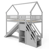 KOMFOTT Wood Twin Over Twin Bunk Bed with Slide & Staircase, Twin House Bunk Bed with Safety Guardrails & Storage, Floor House Bed with Wooden Slat Support for Boys Girls, No Box Spring Needed (Grey) KOMFOTT