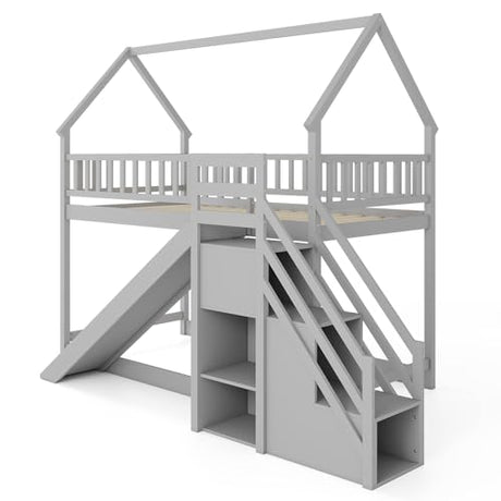 KOMFOTT Wood Twin Over Twin Bunk Bed with Slide & Staircase, Twin House Bunk Bed with Safety Guardrails & Storage, Floor House Bed with Wooden Slat Support for Boys Girls, No Box Spring Needed (Grey) KOMFOTT