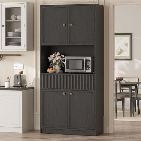 Garvee Tall Kitchen Pantry Cabinet, 70" Pantry Storage Cabinet with Countertop, Fluted Kitchen Hutch Cabinets with Doors and Drawer, Freestanding Cupboard for Dining Room, Living Room, Black Garvee
