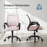 DUMOS Office Desk Chair - Ergonomic Mid Back with Lumbar Support & Rocking Mode, Height Adjustable with Fixed Armrest, Storage Back for Computer, Gaming, Conference, Meeting Room, 360° Swivel, Pink DUMOS
