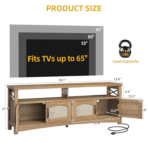 DWVO Farmhouse TV Stand for Living Room, Boho Entertainment Center for Bedchamber w/2 Rattan Cabinets, Television Stand w/Storage Large Media Console Table for TVs up to 50 55 60 65 Inch (Oak) DWVO