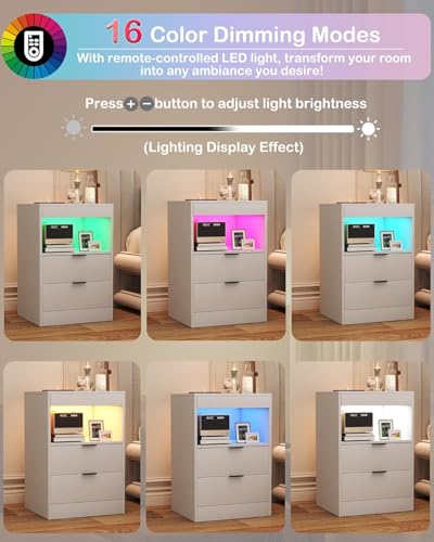 Yusong Night Stand with Gun Drawer & Invisible Lock, Bedside Table, LED Nightstand with Charging Station, Modern Night Stand, Wood Sofa Couch End Side Table with 2 Pull-Out Shelf, White Yusong