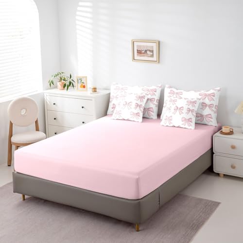 Feelyou Bowknot Comforter Set with Sheets Cute Pink Bow 7 Piece Bedding Set Queen Size for Kids Boys Girls Romantic Princess Style Bed in a Bag Soft Light Pink White Bedding Comforters Feelyou