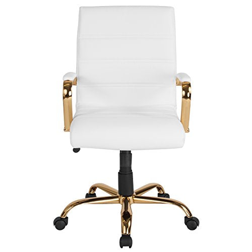 Flash Furniture Whitney Mid-Back Swivel LeatherSoft Desk Chair with Padded Seat and Armrests, Adjustable Height Padded Office Chair, White/Gold Flash Furniture