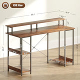 HOMCOM 55" Gaming Desk with Power Outlets and LED Lights, Reversible Computer Desk with Monitor Stand and 2-Tier Storage Shelves, Cable Management, for Home Office, Rustic Brown HOMCOM