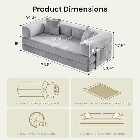 CUBENTE 78.8" Convertible Futon Sofa Bed,Corduroy Futon Couch with Storage Pocket,Folding Pull Out Sofa,No Assembly Boneless Couch for Living Room,Grey CUBENTE